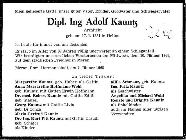 Kauntz Adolf 1881-1968 Todesanzeige
